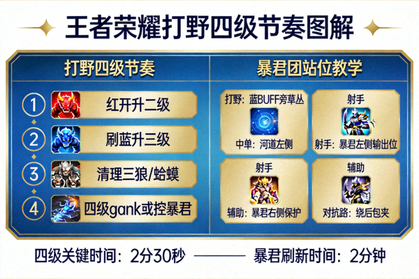 王者荣耀打野四级节奏与暴君团站位图解教学配图